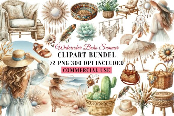 Download Watercolor Boho Summer Clipart - Summer Collection