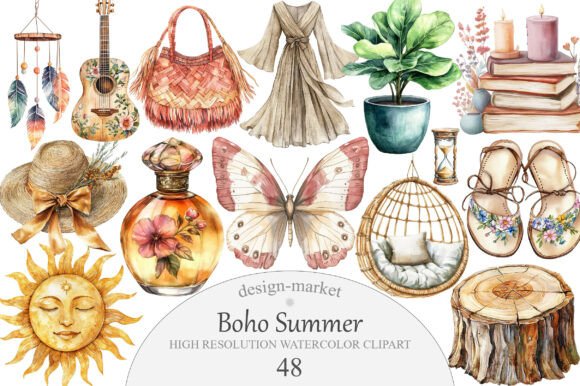 Download Watercolor Boho Summer Clipart - Summer Collection
