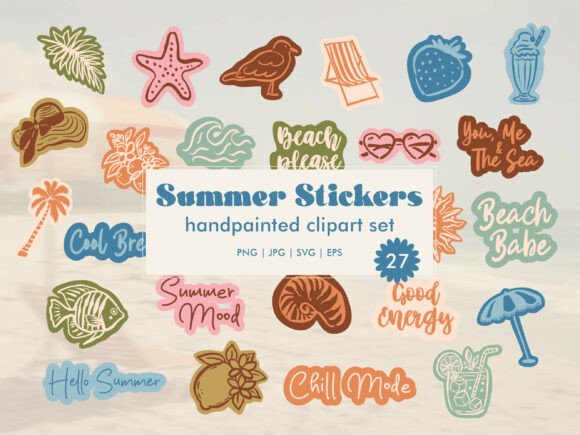 Download Summer Stickers Handpainted Set SVG PNG - Summer Collection